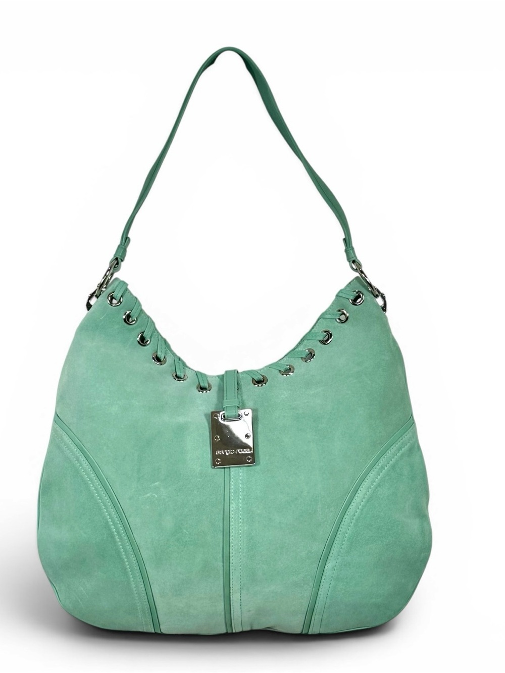 Sergio Rossi Mint Green Suede Hobo Shoulder Bag Grommet Hardware Italy Vintage